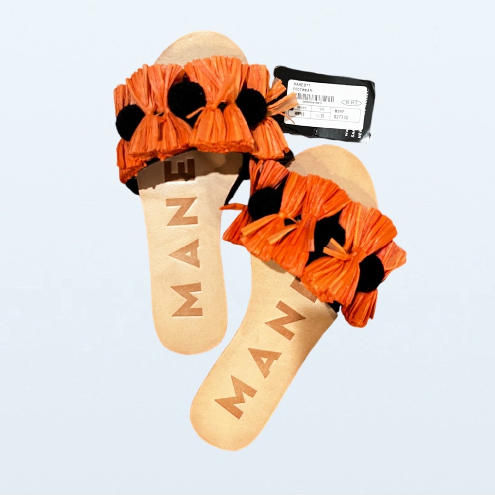 NWT Manebi Coral and Black Raffia Slide Sandals, Size 35